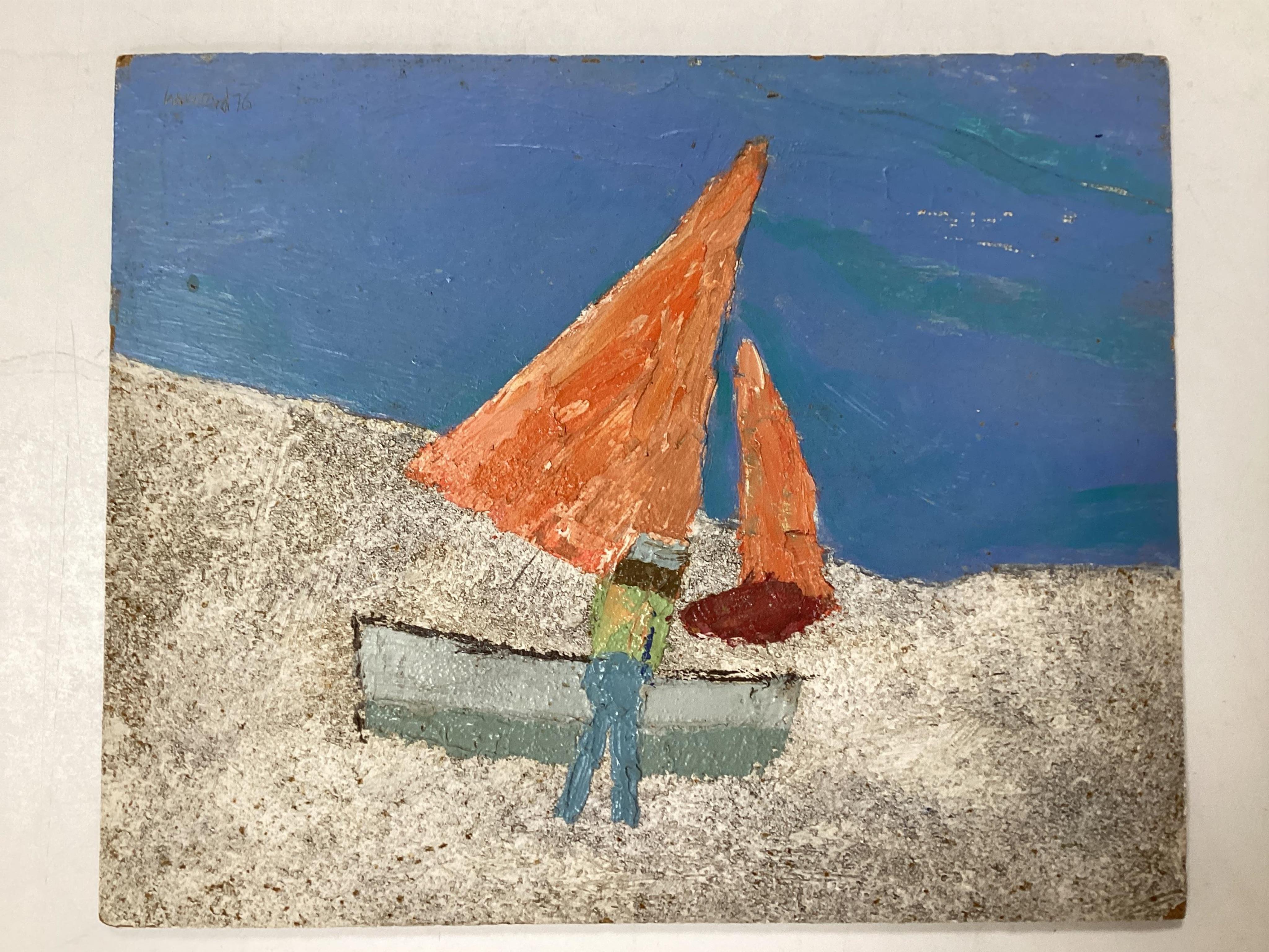 From the Studio of Fred Cuming. Modern British, Impasto oil on board, abstract composition, Man with sailing dinghy, unsigned, 22 x 27cm, unframed. Condition - fair, some minor chipping and surface dirt
